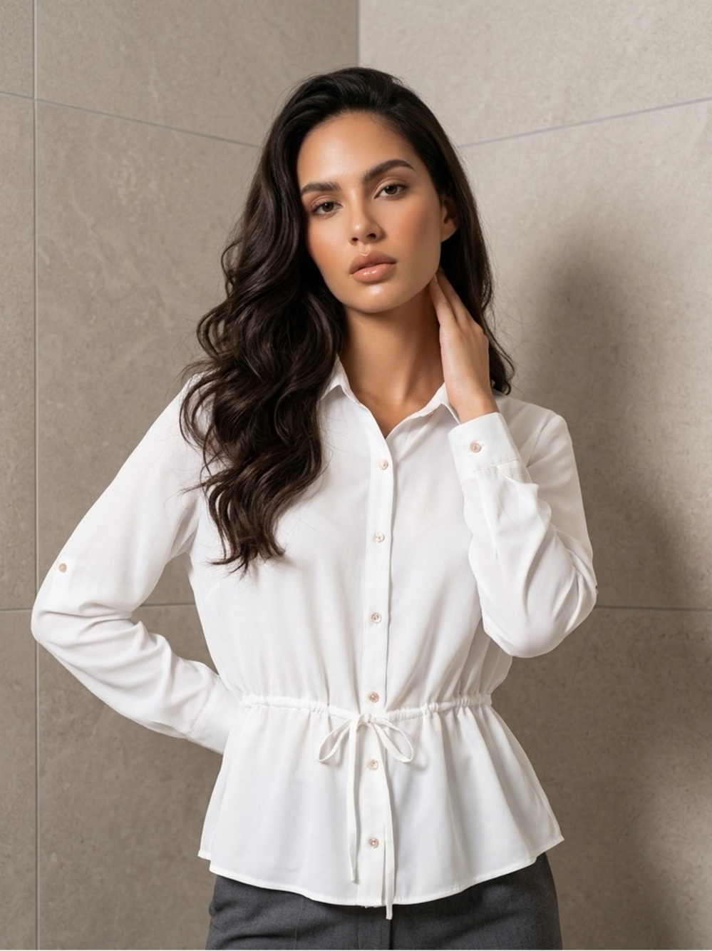 Rose & Olive White Drawstring Peplum Button-Down Shirt